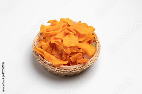 Orange fried sweet potato, sweet potato paste on white background