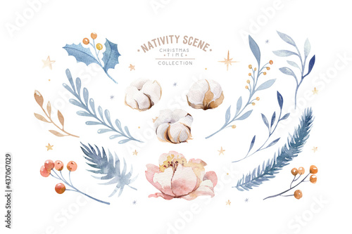 Big New Year's set isolated design elements. The leaves and berries, pine cones, twigs, orange, cotton. Watercolor illustration.