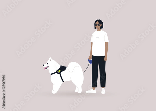 A young female character walking with their samoyed fluffy dog, modern urban lifestyle