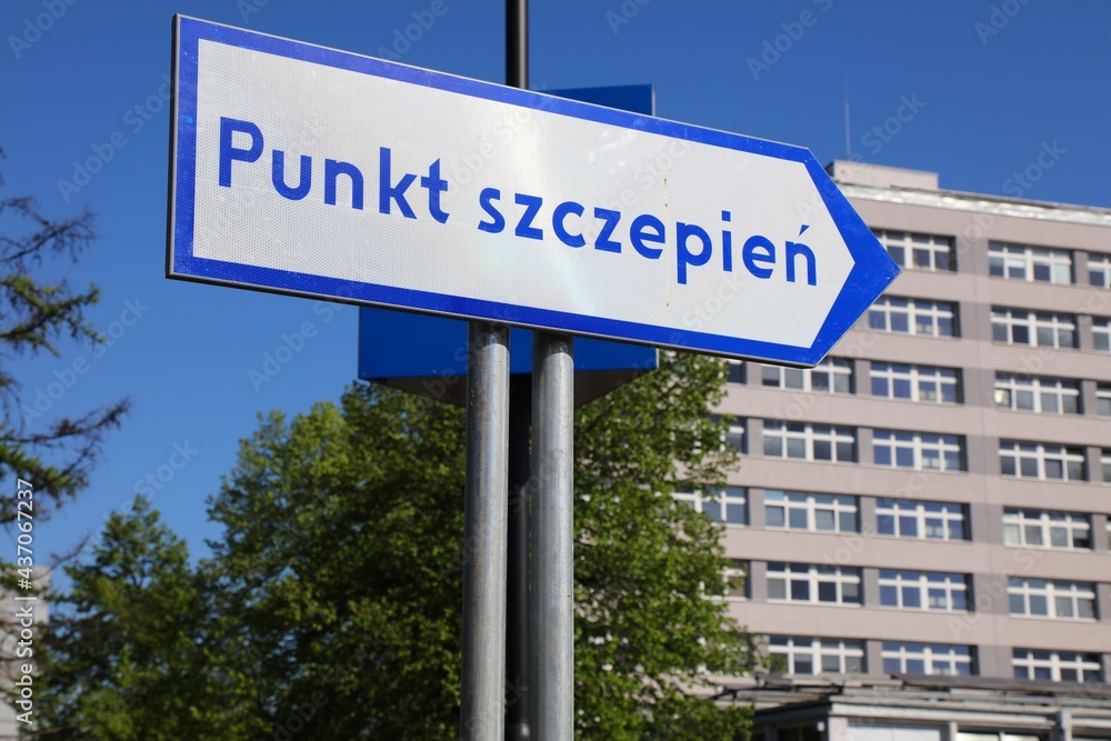 Covid-19 vaccination center in Gliwice, Poland. State vaccination point official sign in Poland. Covid-19 vaccination center in Gliwice, Poland. State vaccination point official sign in Poland.