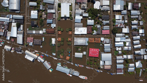 Aerial view of a big flood in Careiro da Varzea, near the city of Manaus, Amazonas state, during the rise of Negro River waters due to heavy rains and La Nina phenomenon in Brazil.