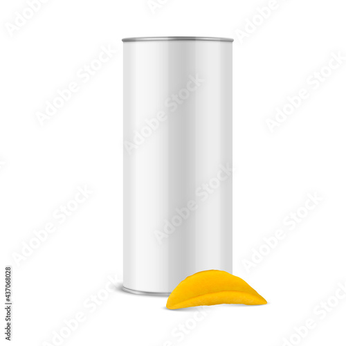Vector 3d Realistic Glossy Blank White Metal Tin Can , Canned Food, Potato Chips Packaging and Realistic Textured Chips Isolated On White Background. Design Template, Mockup. Front View