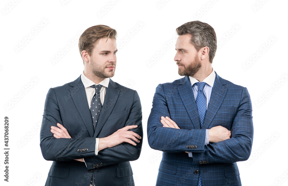 two confident business men in suit cross hands isolated on white, leadership two confident business men in suit cross hands isolated on white, leadership
