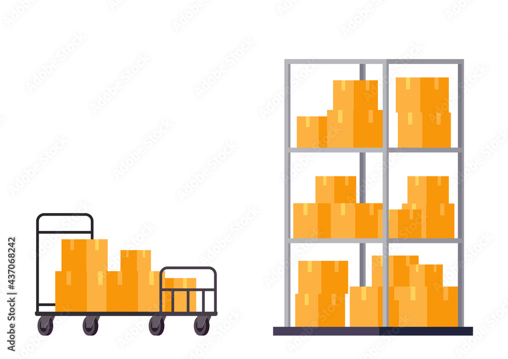 Parcel box on shelf vector.  Cart vector. Hand Cart. wallpaper. free space for text. copy space.