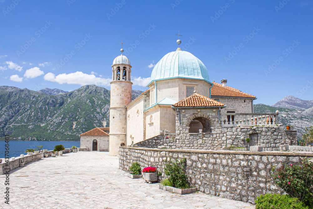 Church of Our Lady of the Rocks on island in Bay of Kotor near Perast, Montenegro.  Attractive travel destination.