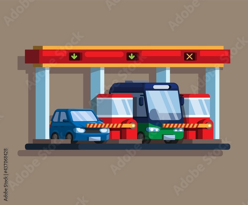 Highway toll or parking gate with car and bus illustration flat illustration vector