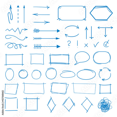 Infographic elements. Big set of different signs on isolation background. Hand drawn simple elements. Highlighters for design. Line art. Abstract circles, arrows and rectangle frames. Doodles for work