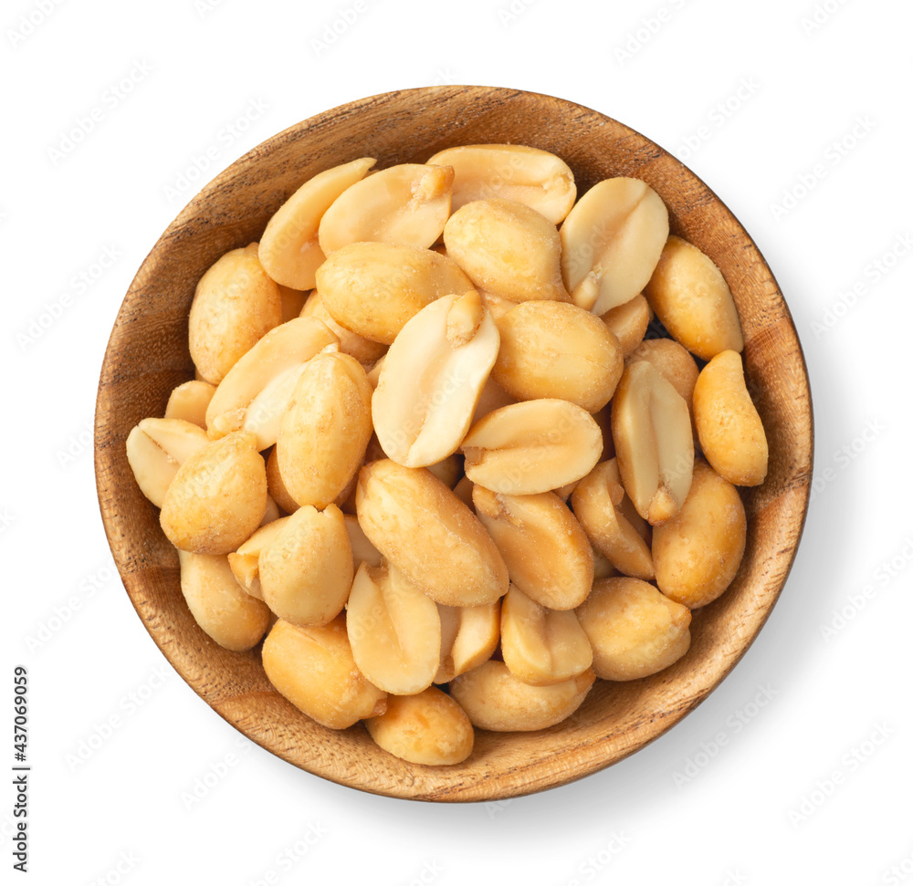 roasted peanuts in the wooden bowl, isolated on white background, top view roasted peanuts in the wooden bowl, isolated on white background, top view