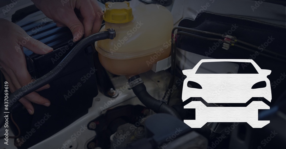 Fototapeta premium Composition of tool and car icon over car engine and mechanic fixing car