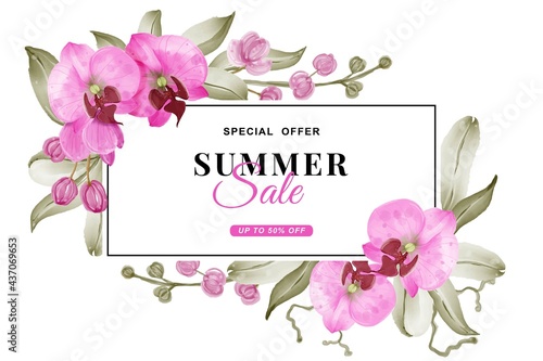 summer sale banner with Orchid pink watercolor