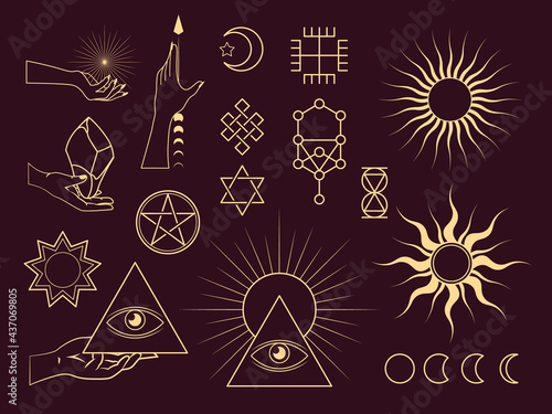 Collection of Mystical and Astrology objects. Mystical signs, silhouettes, zodiac signs.