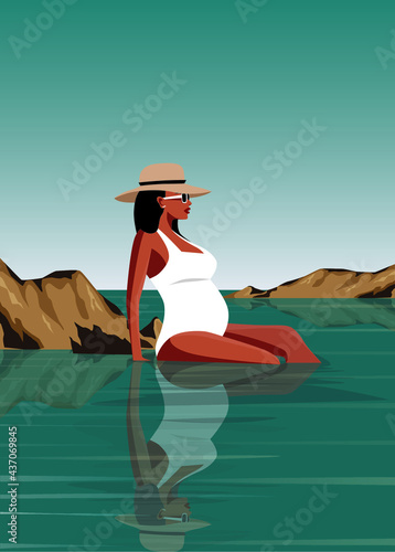 Digital illustration of a pregnant girl resting in the summer on vacation posing for a photo in a hat among the stones and swimming in the ocean sea