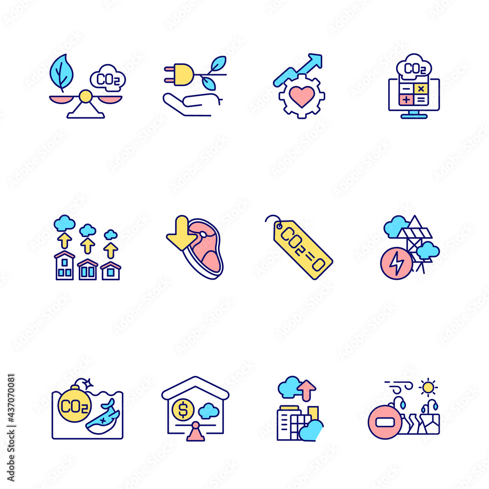 Global greenhouse gas emission RGB color icons set. Green electricity. Marine life threat. Urbanization effects. Isolated vector illustrations. Carbon footprint simple filled line drawings collection