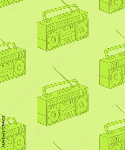 green vector seamless pattern of cartoon retro tape recorders