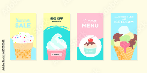 Summer backgrounds. Set of bright backdrops decorated with ice-cream. Editable templates for social networks and stories. Vector 10 EPS.