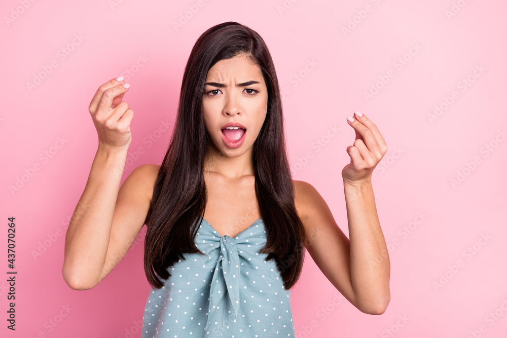 Portrait of attractive outraged angry woman desperate mood saying pretense isolated over pink pastel color background Portrait of attractive outraged angry woman desperate mood saying pretense isolated over pink pastel color background