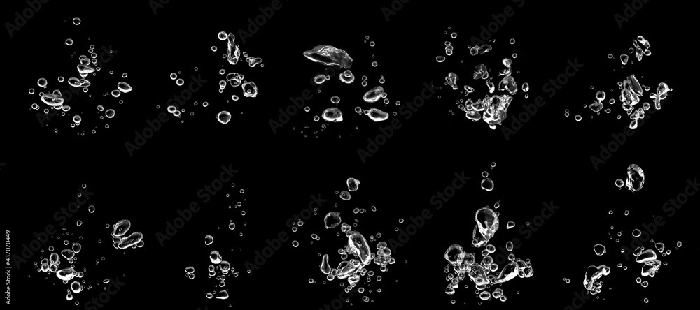 set water bubble white oxygen air, in underwater clear liquid with bubbles flowing up on the water surface, isolated on a black background set water bubble white oxygen air, in underwater clear liquid with bubbles flowing up on the water surface, isolated on a black background