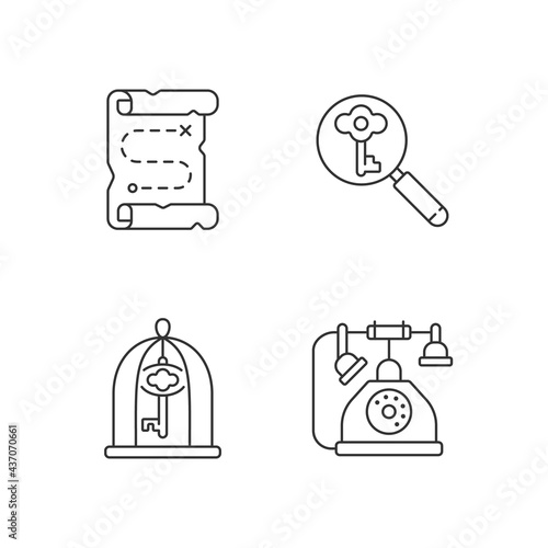 Solving quest linear icons set. Map with route to pirate treasure. Looking for key. Solving puzzles. Customizable thin line contour symbols. Isolated vector outline illustrations. Editable stroke