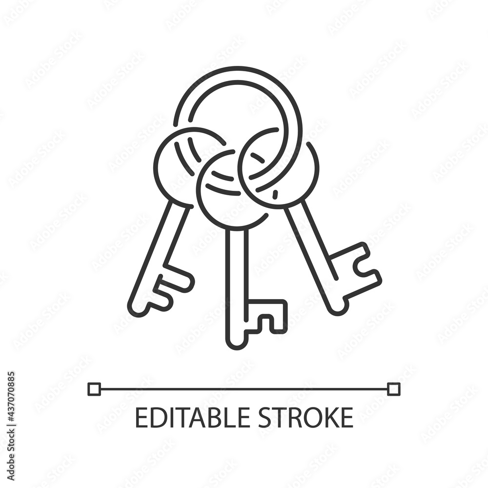 Key chain linear icon. Steel keychain, metallic keyring. Solving puzzles, clues for riddles. Thin line customizable illustration. Contour symbol. Vector isolated outline drawing. Editable stroke Key chain linear icon. Steel keychain, metallic keyring. Solving puzzles, clues for riddles. Thin line customizable illustration. Contour symbol. Vector isolated outline drawing. Editable stroke