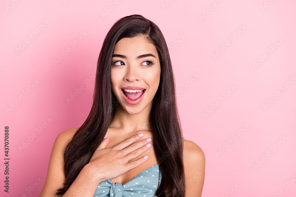 Portrait of attractive amazed cheerful woman good solution look aside copy space isolated over pink pastel color background Portrait of attractive amazed cheerful woman good solution look aside copy space isolated over pink pastel color background
