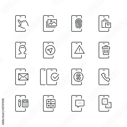 Mobile apps related icons: thin vector icon set, black and white kit