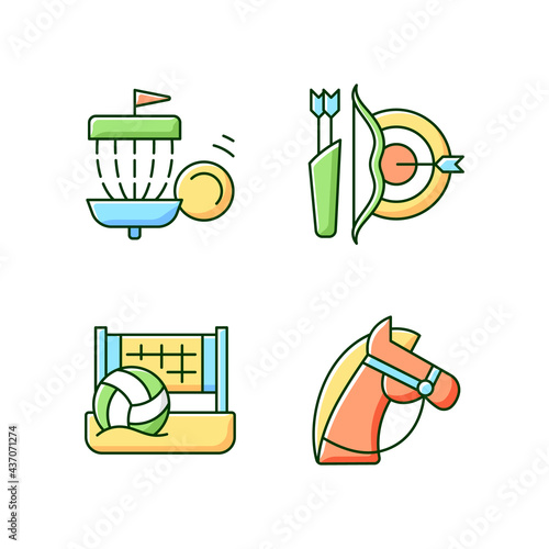 Summer camp activities RGB color icons set. Frisbee golf. Archery. Beach soccer. Horseback riding. Shooting arrows. Isolated vector illustrations. Team sport simple filled line drawings collection