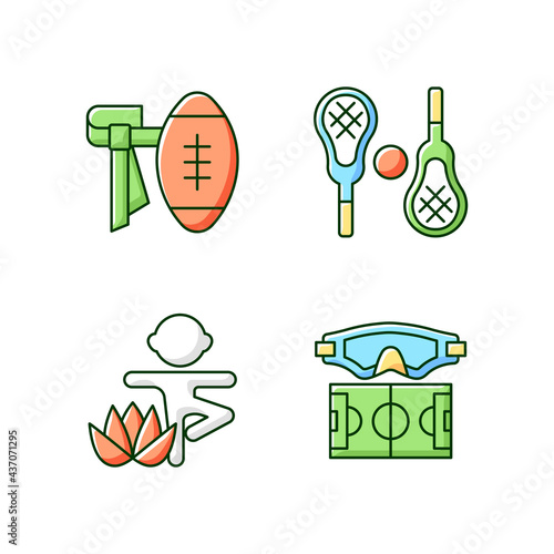Summer camp activities RGB color icons set. Flag football. Lacrosse. Kids yoga. Water polo. Body workout. Isolated vector illustrations. Non-contact sport simple filled line drawings collection