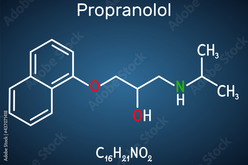 Propranolol molecule. It is synthetic, nonselective beta blocker, used to treat for hypertension. Structural chemical formula on the dark blue background