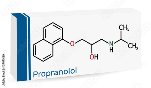 Propranolol molecule. It is synthetic, nonselective beta blocker, used to treat for hypertension. Skeletal chemical formula. Paper packaging for drugs