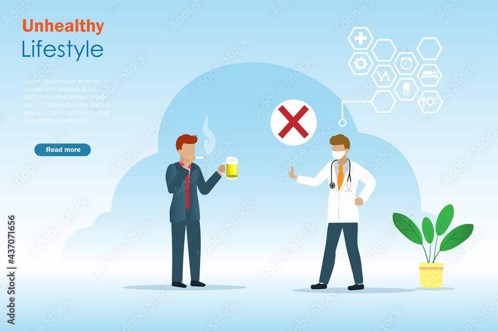Businessman smoke cigarette and drink glass of beer with doctor try to stop his bad habit lifestyles. Unhealthy behavior concept. Businessman smoke cigarette and drink glass of beer with doctor try to stop his bad habit lifestyles. Unhealthy behavior concept.