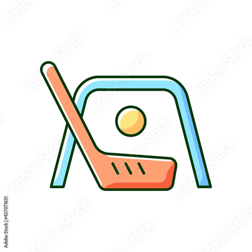 Floor hockey RGB color icon. Street hockey. Indoor, outdoor game. Shooting puck into opposing team net. Isolated vector illustration. Playing on non-ice surface simple filled line drawing