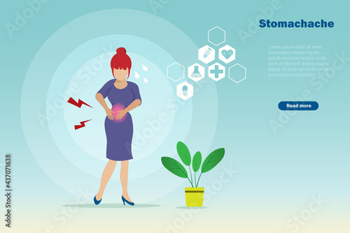 Woman suffering at stomach pain. Idea for menstuation period, appendicitis, gastric ulcer pain. Medical, healthcare and health insurance concept.