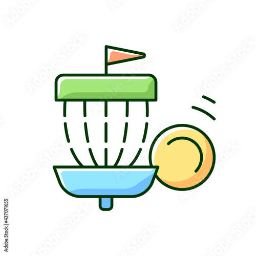 Frisbee golf RGB color icon. Throwing flying disc into basket. Competitive non-contact team sport. Disc golf. Isolated vector illustration. Summer camp activity simple filled line drawing