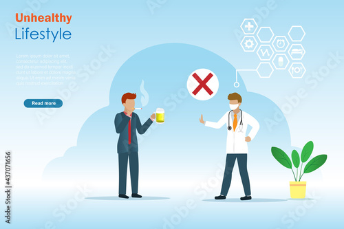 Businessman smoke cigarette and drink glass of beer with doctor try to stop his bad habit lifestyles. Unhealthy behavior concept. 