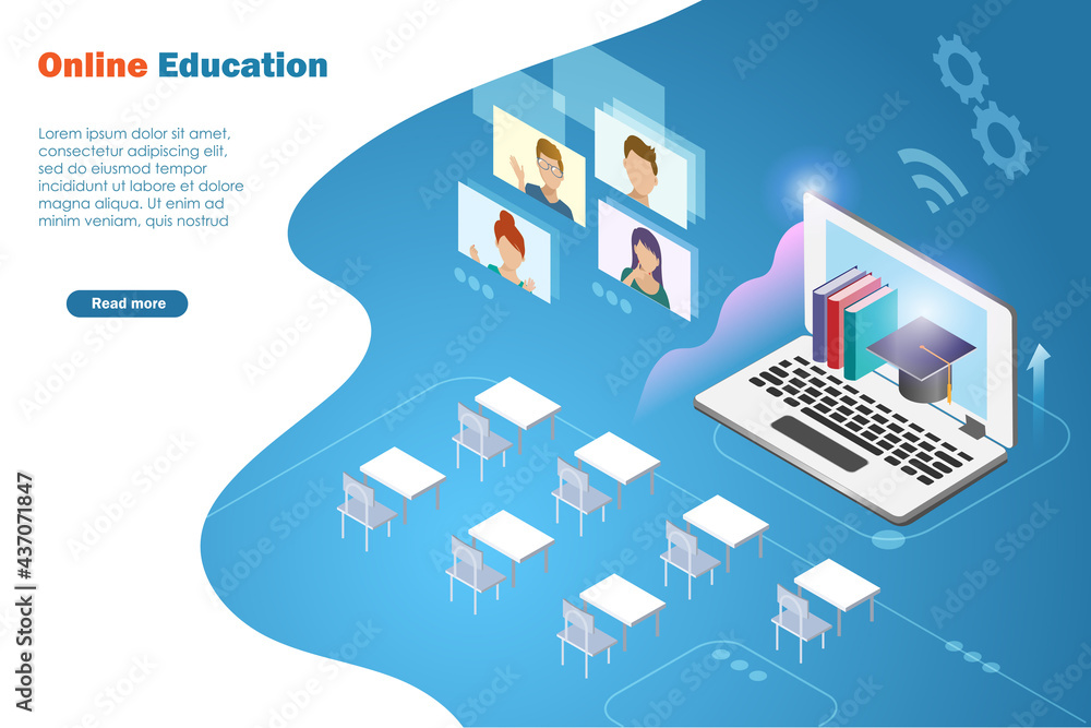 Online education, e learning, tables and chairs in classroom with knowledge books and graduation cap in computer screen. Isometric view, vector. Template, banner, online education technology concept. Online education, e learning, tables and chairs in classroom with knowledge books and graduation cap in computer screen. Isometric view, vector. Template, banner, online education technology concept.