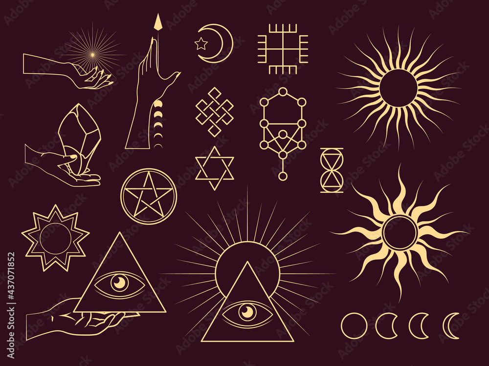 Collection of Mystical and Astrology objects. Mystical signs, silhouettes, zodiac signs.