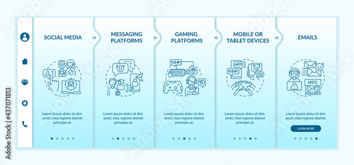 Cyberharassment channels onboarding vector template. Responsive mobile website with icons. Web page walkthrough 5 step screens. Emails, gaming platforms color concept with linear illustrations