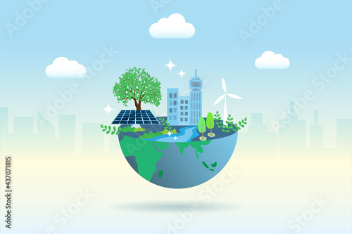 Green globe with friendly environment buildings, wind turbines and solar panels. Ecology, environment, earth day and natural resources concept.