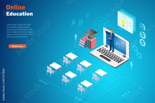 Online virtual video tutorials on computer. Isometric view. Idea for online education, e learning for new skills, webinar and internet classroom.