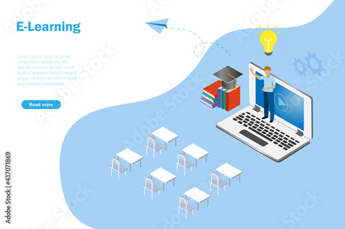 Online virtual video tutorials on computer. Isometric view. Idea for online education, e learning for new skills, webinar and internet classroom.