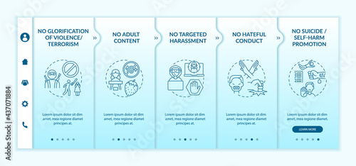 Social media conversation safety onboarding vector template. Responsive mobile website with icons. Web page walkthrough 5 step screens. No suicide promotion color concept with linear illustrations