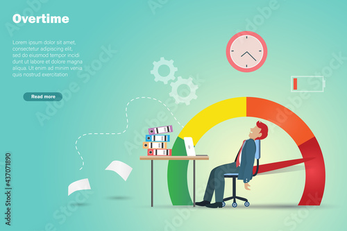 Exhausted, tried businessman working overload at office with energy level at risk. Burnout syndrome, low battery in business lifestyle concept.