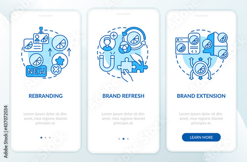 Brand implementation onboarding mobile app page screen with concepts. Rebranding, brand refresh walkthrough 3 steps graphic instructions. UI, UX, GUI vector template with linear color illustrations