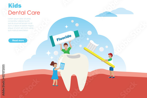 Kids brushing teeth. Boys and girl using fluoride brushing and cleaning teeth. Children dental and oral care concept. Vector Illustration.