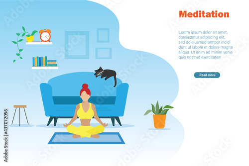 Woman sitting crossed legs meditation for transquil mindfulness at home.