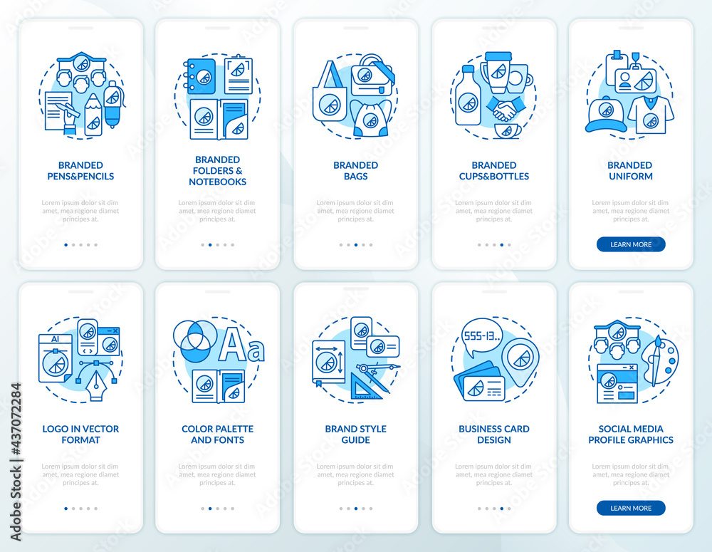 Corporate branding onboarding mobile app page screen with concepts set. Increasing recognition walkthrough 5 steps graphic instructions. UI, UX, GUI vector template with linear color illustrations