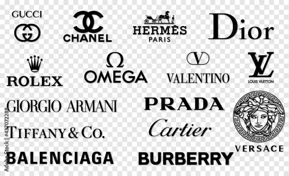 diagonaal Kenmerkend Rijd weg Vinnytsia, Ukraine - May 30, 2021: Popular luxury brands. Gucci, Chanel,  Hermes, Dior, Louis Vuitton, Rolex, Tiffany Prada Versace Armani Valentino  Balenciaga Cartier Burberry Omega Stock Vector | Adobe Stock