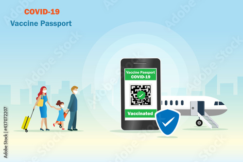 Covid-19 vaccine passport for family traveling on smartphone with QR code immune certified and airplane. Mother, father and kid wearing face mask with luggages at airport.