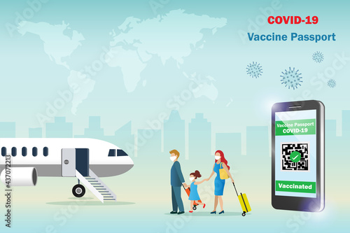 Covid-19 vaccine passport for family traveling on smartphone with QR code immune certified and airplane. Mother, father and kid wearing face mask with luggages at airport.