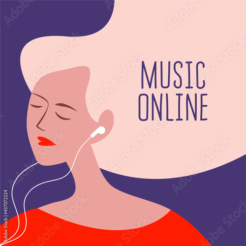 vector illustration of a girl with earphones in her ears listening to online music in trendy colors. the text online music. useful for advertising music channels, online music services, for web design